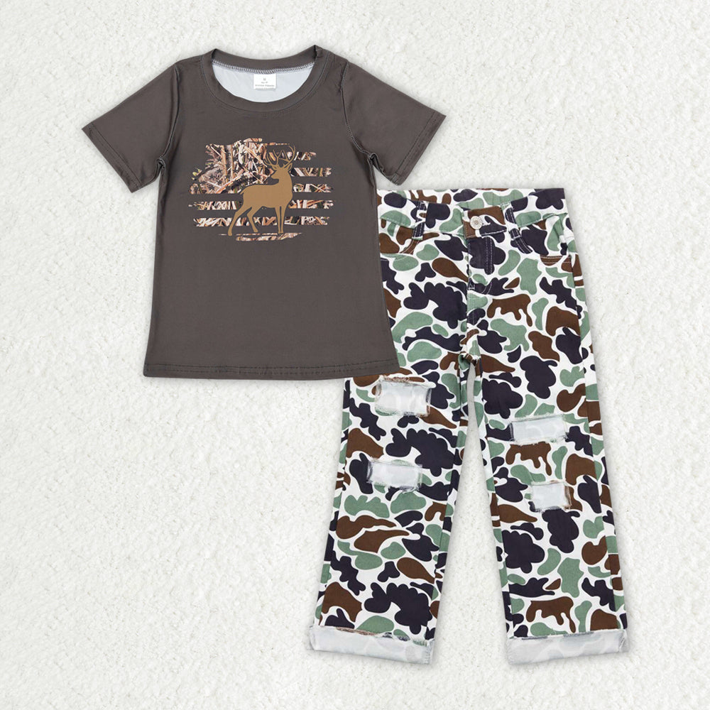 Baby Boys Deer Hunting Deer Shirt Top Camo Denim Jeans Pants Clothes Sets