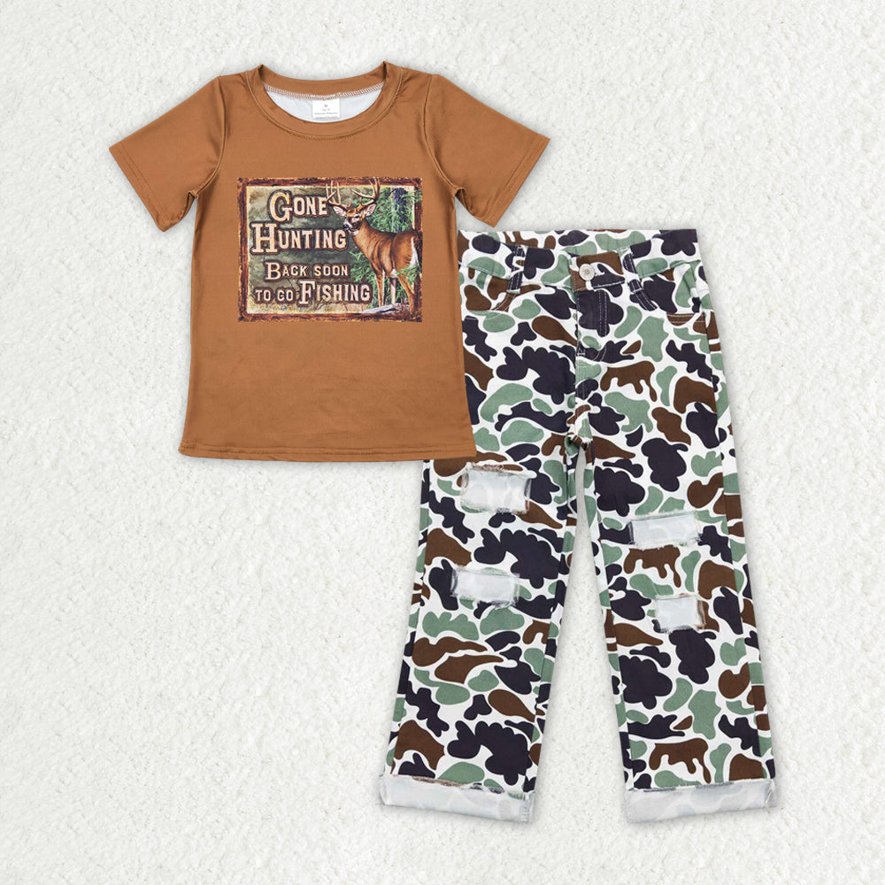 Baby Boys Brown Hunting Deer Shirt Top Camo Denim Jeans Pants Clothes Sets