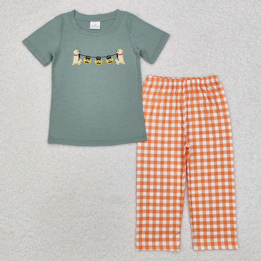 Sibling Baby Boys Embroidery Pumpkins Trucks Top Checked Stripe Pants Fall Clothes Sets
