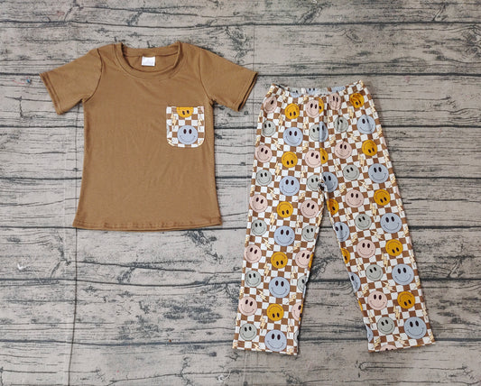 Baby Boys Brown Smile Pocket Tops Pants Outfits Clothes Sets