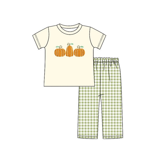 Baby Boys Pumpkin Shirt Top Green Checkered Pants Clothes Sets Preorder
