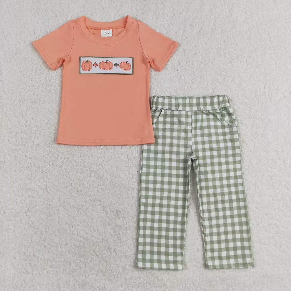 Sibling Baby Boys Embroidery Pumpkins Trucks Top Checked Stripe Pants Fall Clothes Sets