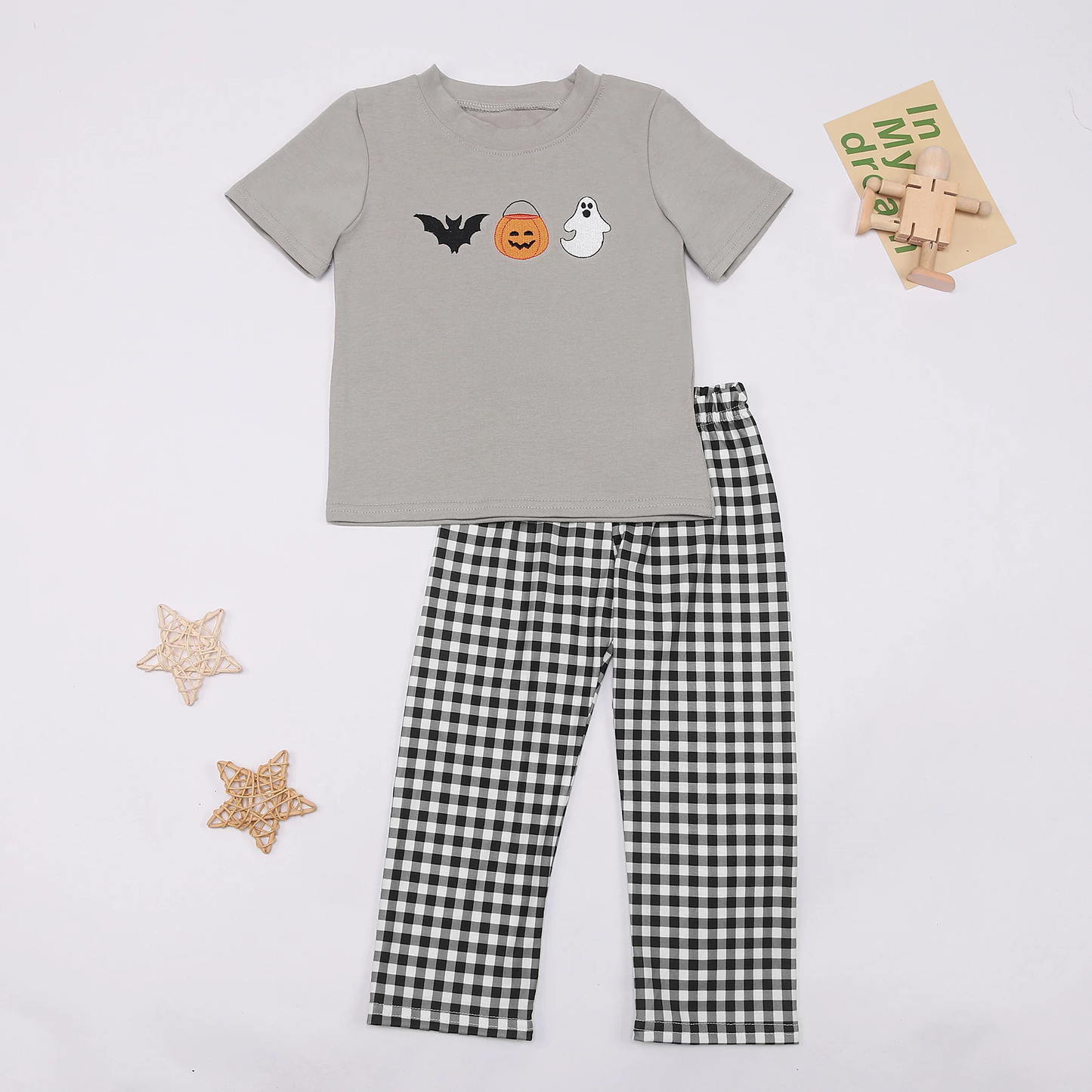 Baby Boys Halloween Ghost Top Checkered Pants Clothes Sets Preorder