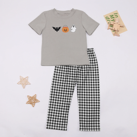 Baby Boys Halloween Ghost Top Checkered Pants Clothes Sets Preorder