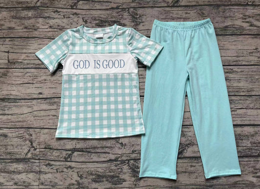 Baby Boys God Is Good Checkered Top Pants Pajamas Outfits Sets