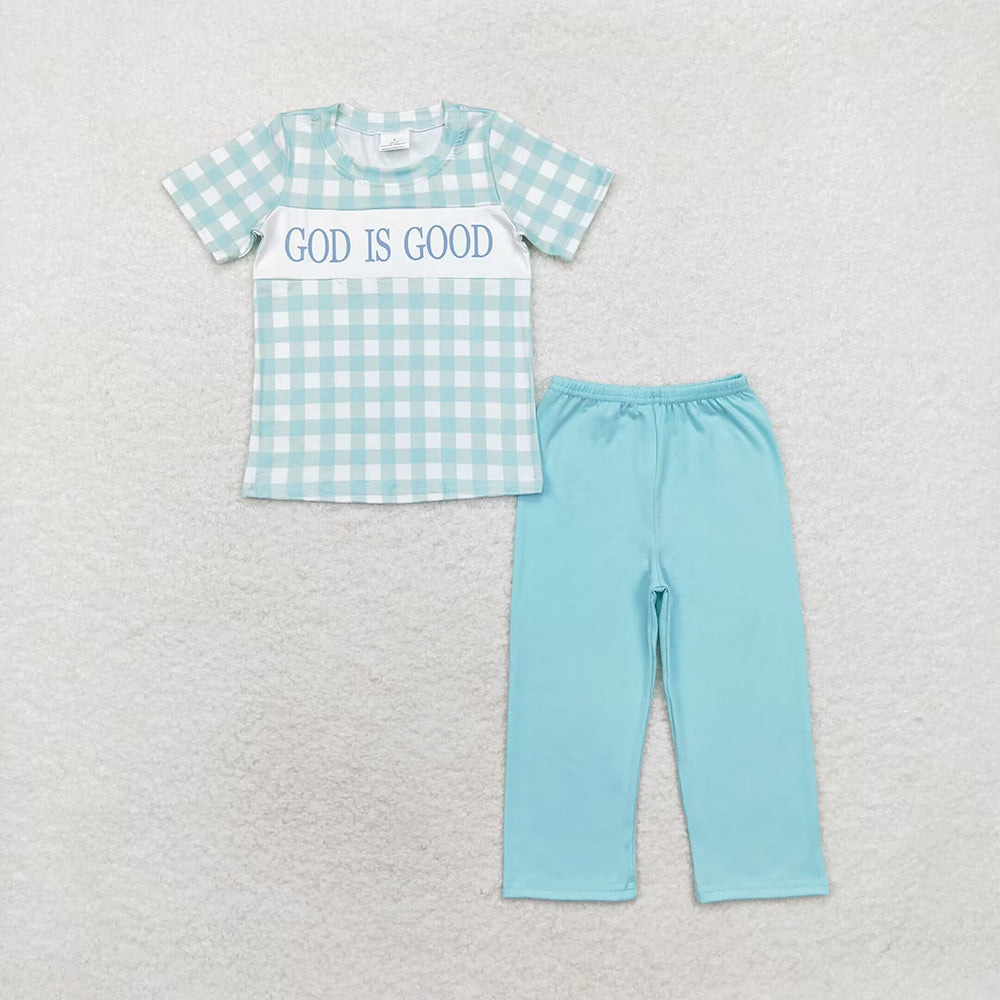 Baby Boys God Is Good Checkered Top Pants Pajamas Outfits Sets