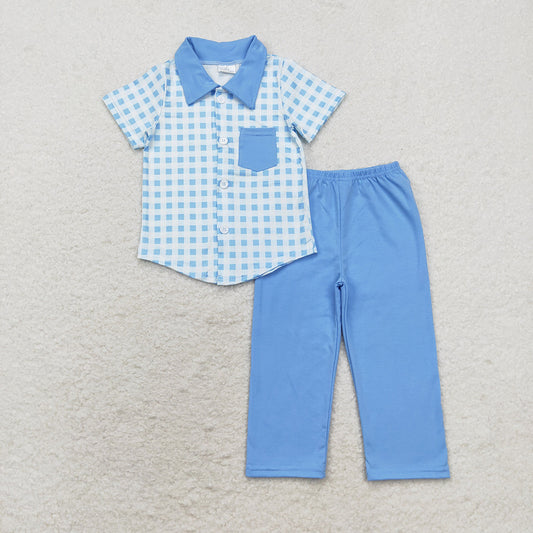 Baby Boys Blue Checkered Short Sleeve Tee Shirt Top Pants Clothes Sets