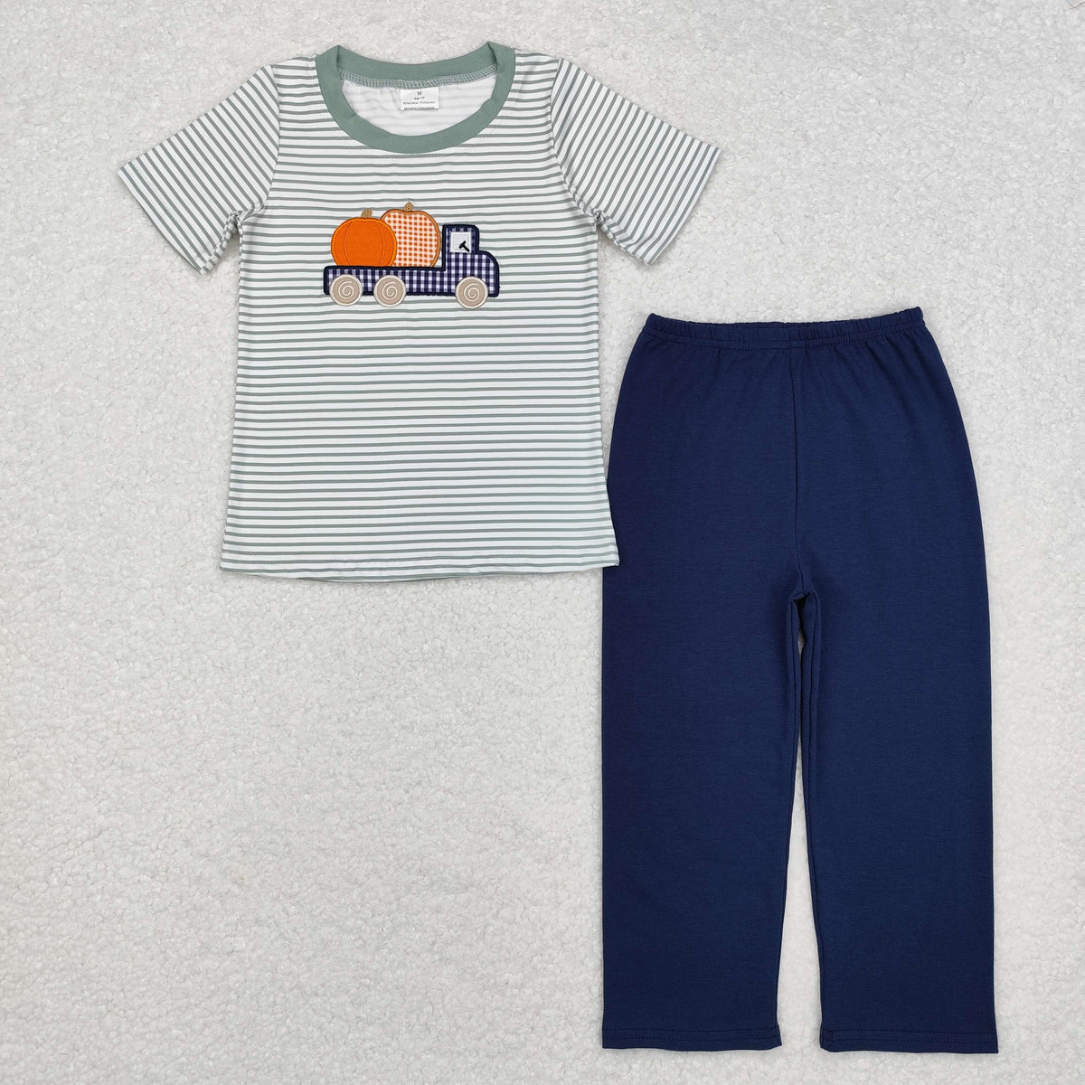Sibling Baby Boys Embroidery Pumpkins Trucks Top Checked Stripe Pants Fall Clothes Sets