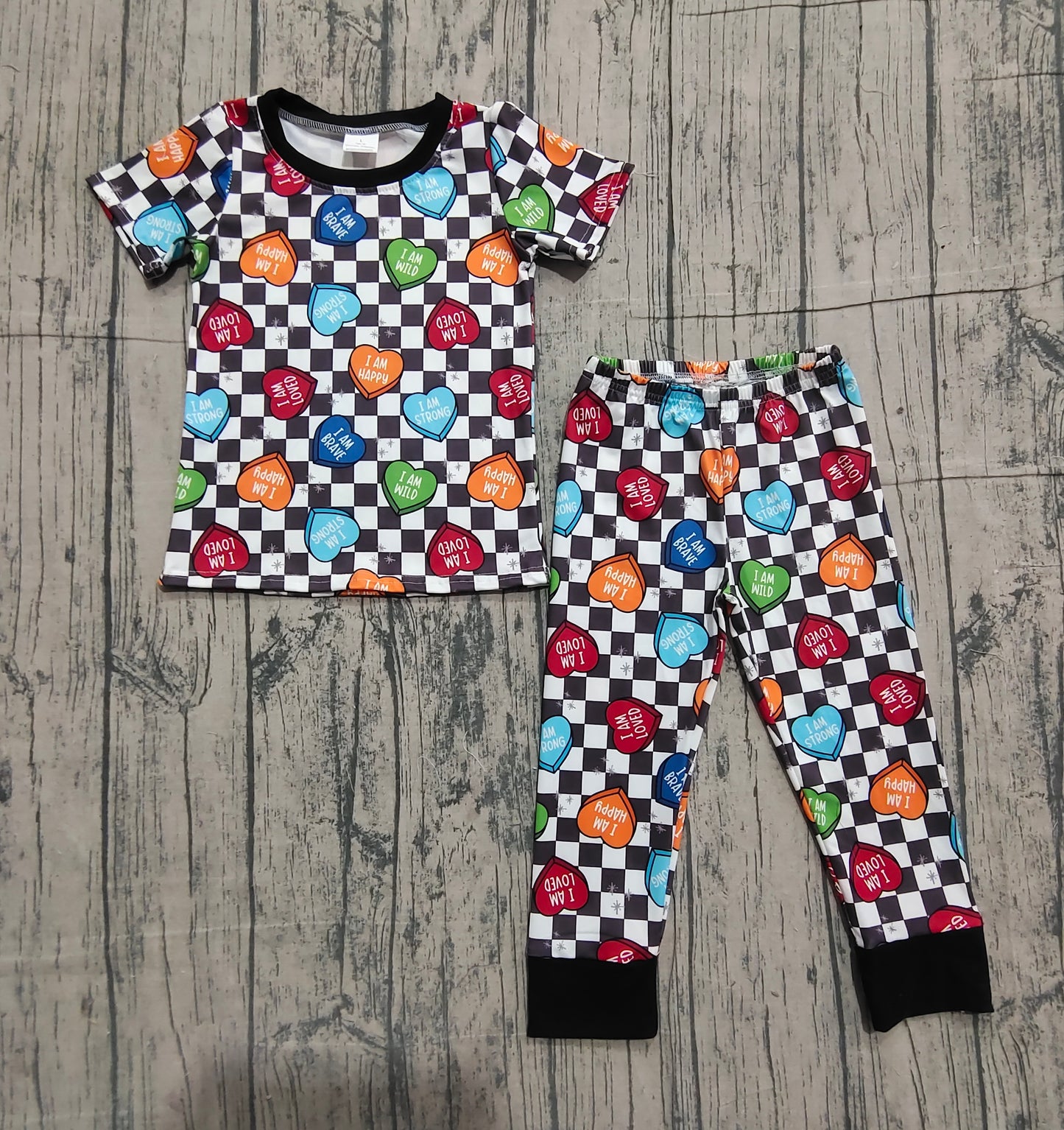 Baby Boys Black Checked Hearts Top Pants Valentines Pajamas Sets Preorder
