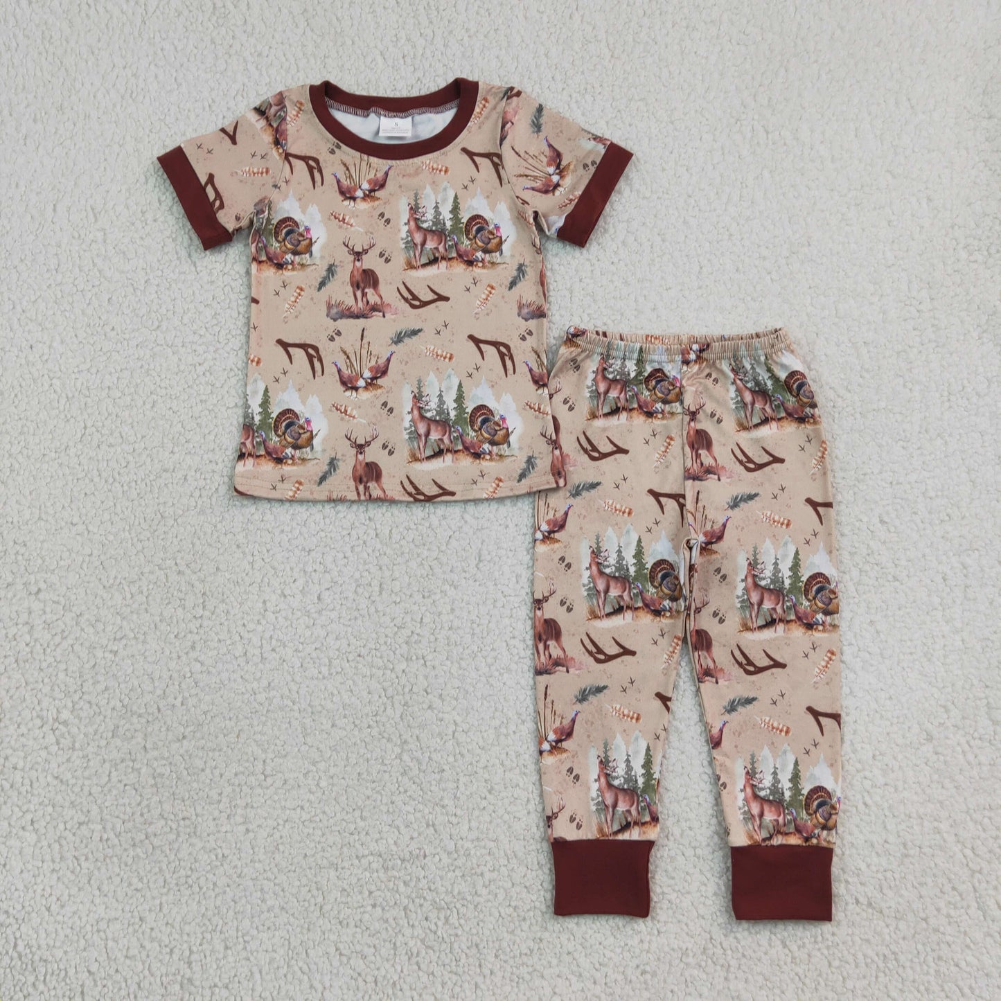 Sibling Baby Boys Deer Birds Turkey Top Pant Hunting Pajamas Set Zip Rompers