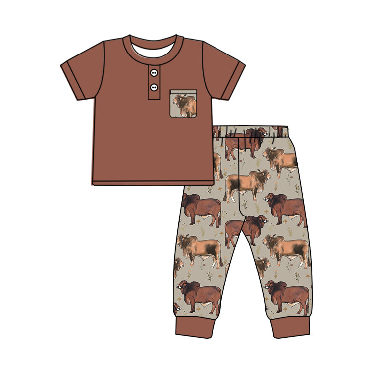 Baby Girls Brown Pocket Shirt Western Cows Pants Clothes Sets Preorder