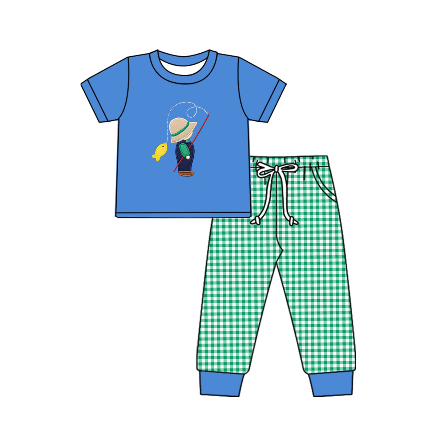 Baby Boys Blue Fishing Shirt Checkered Pants Clothes Sets Preorder