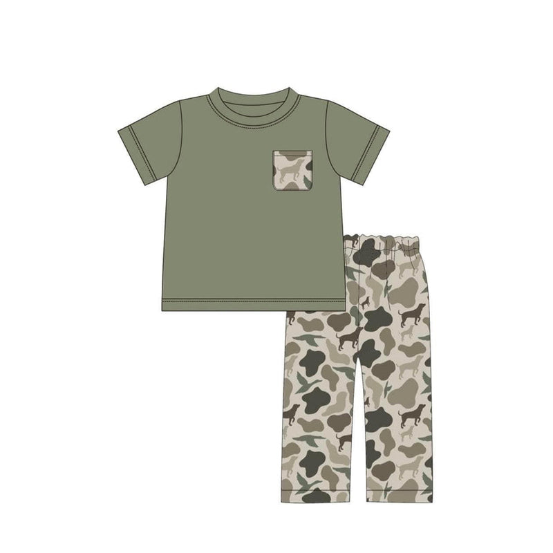 Baby Boys Green Pocket Top Camouflage Dog Duck Pants Clothing Sets Preorder