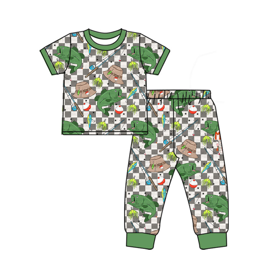 Baby Boys Checkered Fishing Shirt Pants Pajamas Clothes Sets Preorder