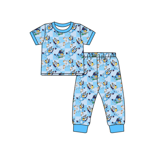Baby Boys Blue Checkered Dogs Shirt Pants Pajamas Clothes Sets Preorder