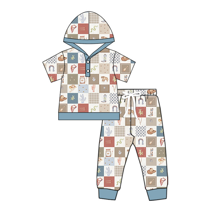 Baby Boys Short Sleeves Cactus Boots Button Hoodies Top Pants Pajamas Set Preorder
