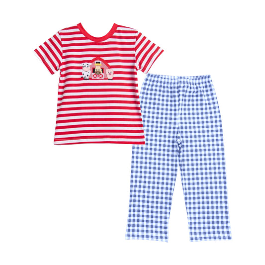 Baby Boys Stripe Short Sleeves Cows House Top Plaid Pants Farm Set Preorder