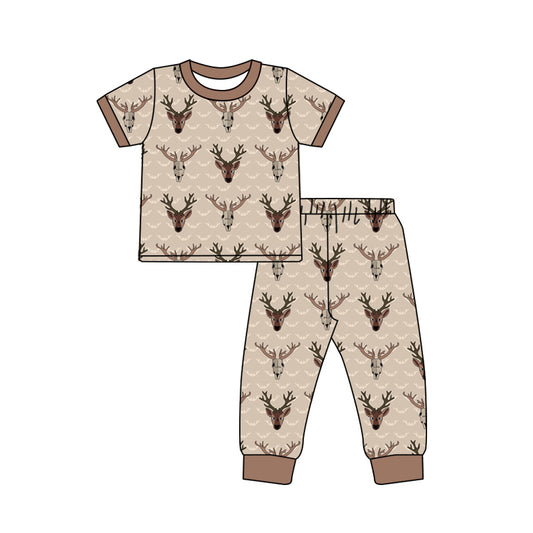 Preorder moq 5 Baby Boys Brown Short Sleeves Deer Top Pants Western Pajamas Set