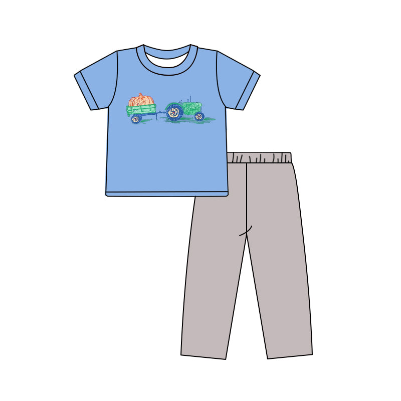 Preorder moq 5 Baby Boys Blue Short Sleeves Truck Pumpkins Top Pant Set