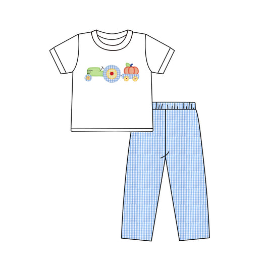Baby Boys White Short Sleeves Truck Pumpkins Top Blue Plaid Pant Set Preorder