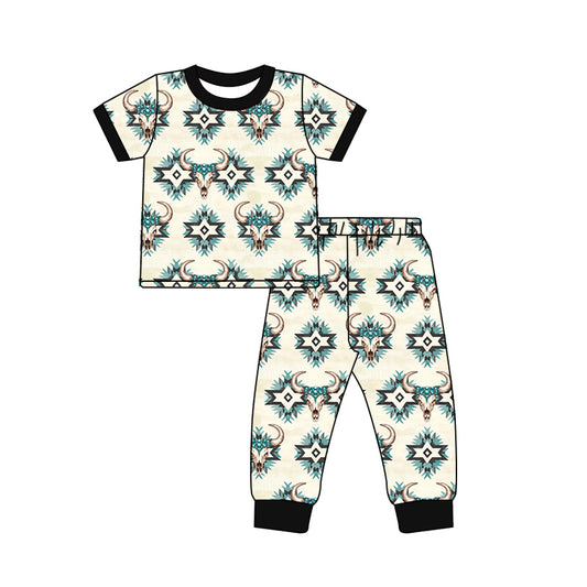 Baby Boys Short Sleeves Aztec Bull Skull Top Pant Pajamas Set Preorder
