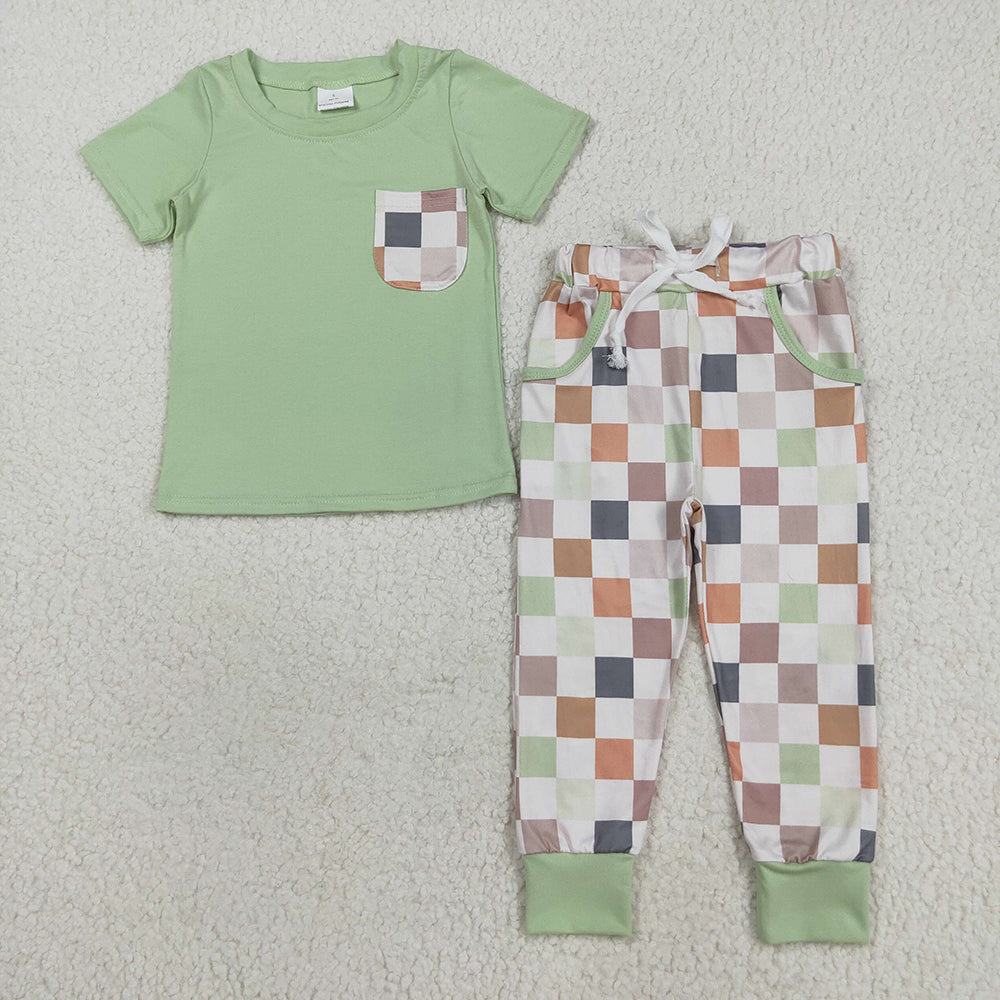 Baby Boys Short Sleeves Pocket Top Pockets Khaki Plaid Pant Sets