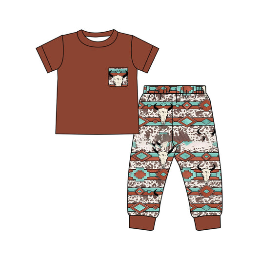 Baby Boys Pocket Top Bull Skulls Aztec Legging Pants Western Clothes Sets Preorder