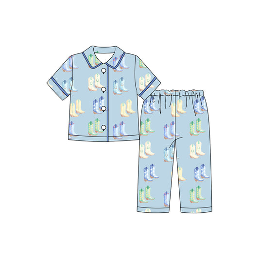 Baby Boys Blue Boots Button Shorts Sleeve Top Pants Pajamas Sets Preorder