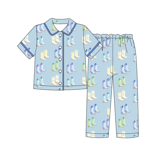 Adult Men Blue Boots Button Short Sleeve Top Pants Pajamas Sets Preorder