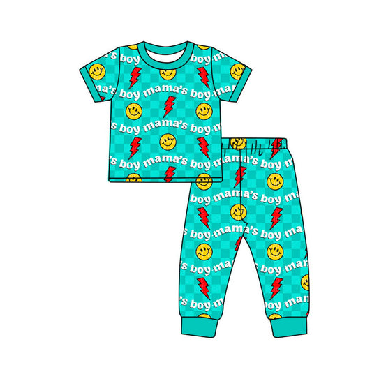 Baby Boys Aqua Checked Mamas Boy Lights Smiles Top Pants Pajamas Sets Preorder