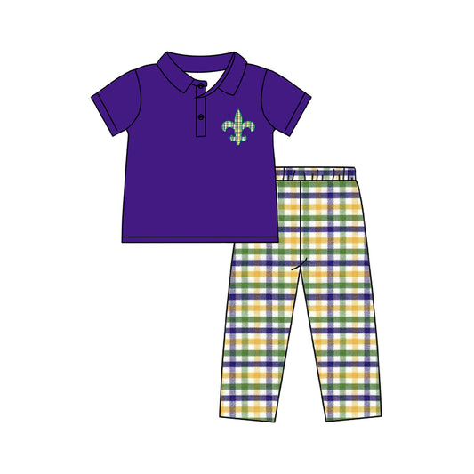 Baby Boys Purple Button Anchor Top Checked Pants Mardigras Clothes Sets Preorder