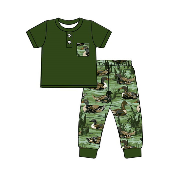 Baby Boys Dark Green Button Pocket Top Ducks Pants Clothes Sets Preorder