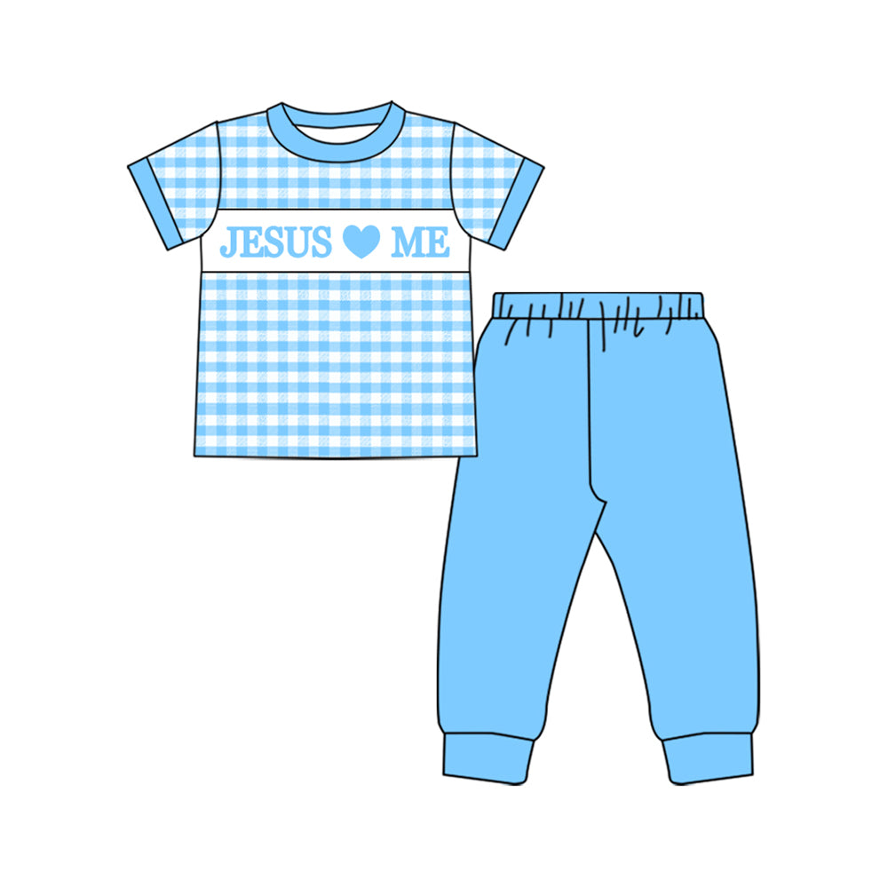 Baby Boys Blue Checked Jesus Love Me Top Pants Clothes Sets Preorder