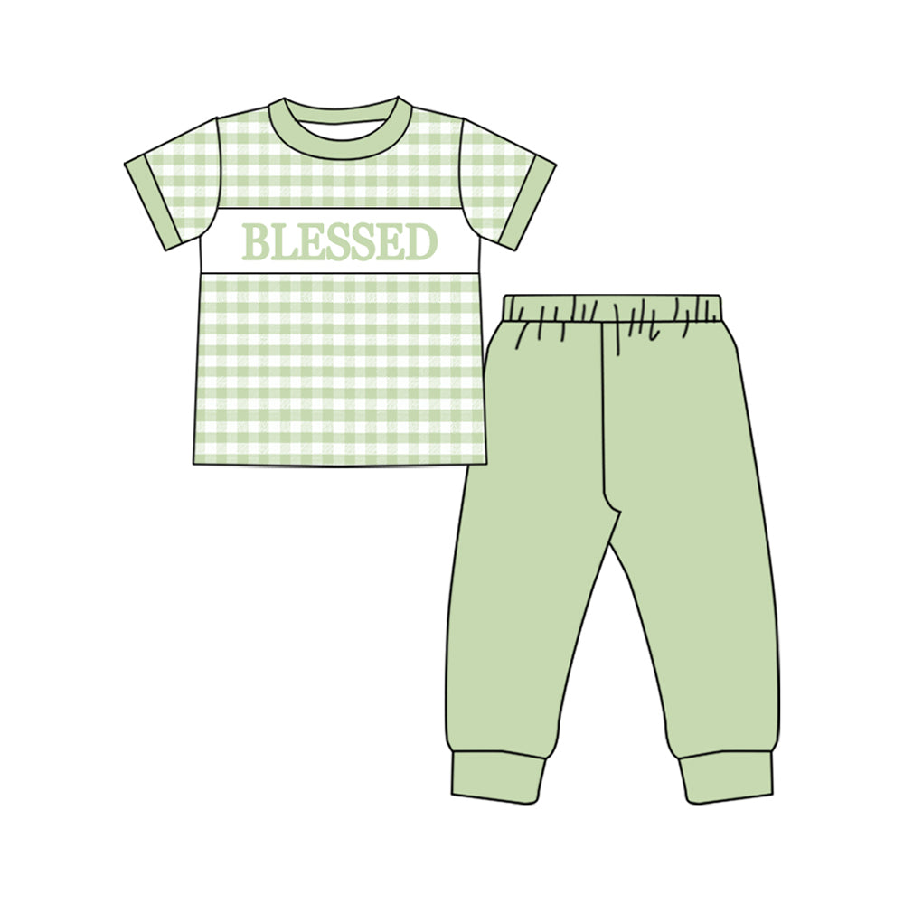 Baby Boys Green Checked Blessed Top Jogger Pants Clothes Sets Preorder