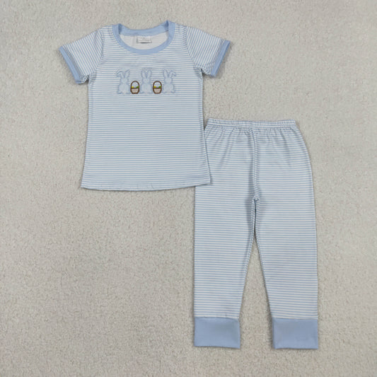 Sibling Baby Kids Embroidery Rabbits Eggs Stripe Top Pants Easter Pajamas Sets