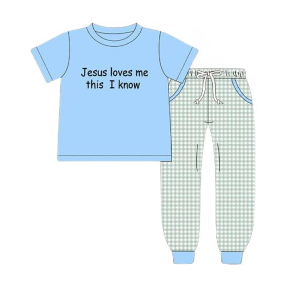 Baby Boys Jesus Love Me Top Checked Pockets Jogger Clothes Sets Preorder