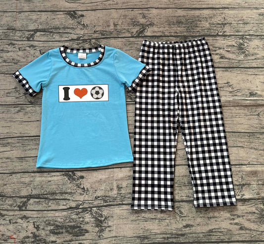 Embroidery I Love Footballs Baby Boys Checked Pants Team Clothes Sets Preorder