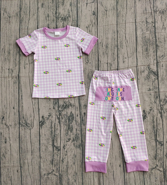Embroidery King Cake Baby Boys Mardigras Donuts Checked Pants Pajamas Sets Preorder