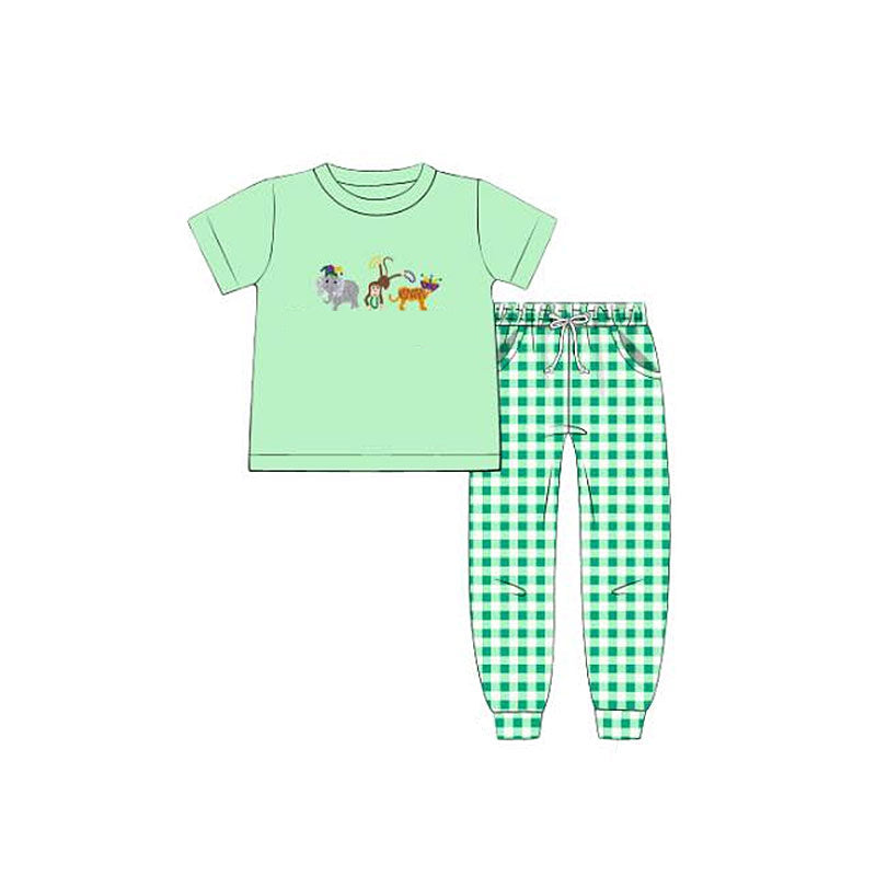 Baby Boys Green Animals Top Pockets Checked Jogger Pants Clothes Sets Preorder