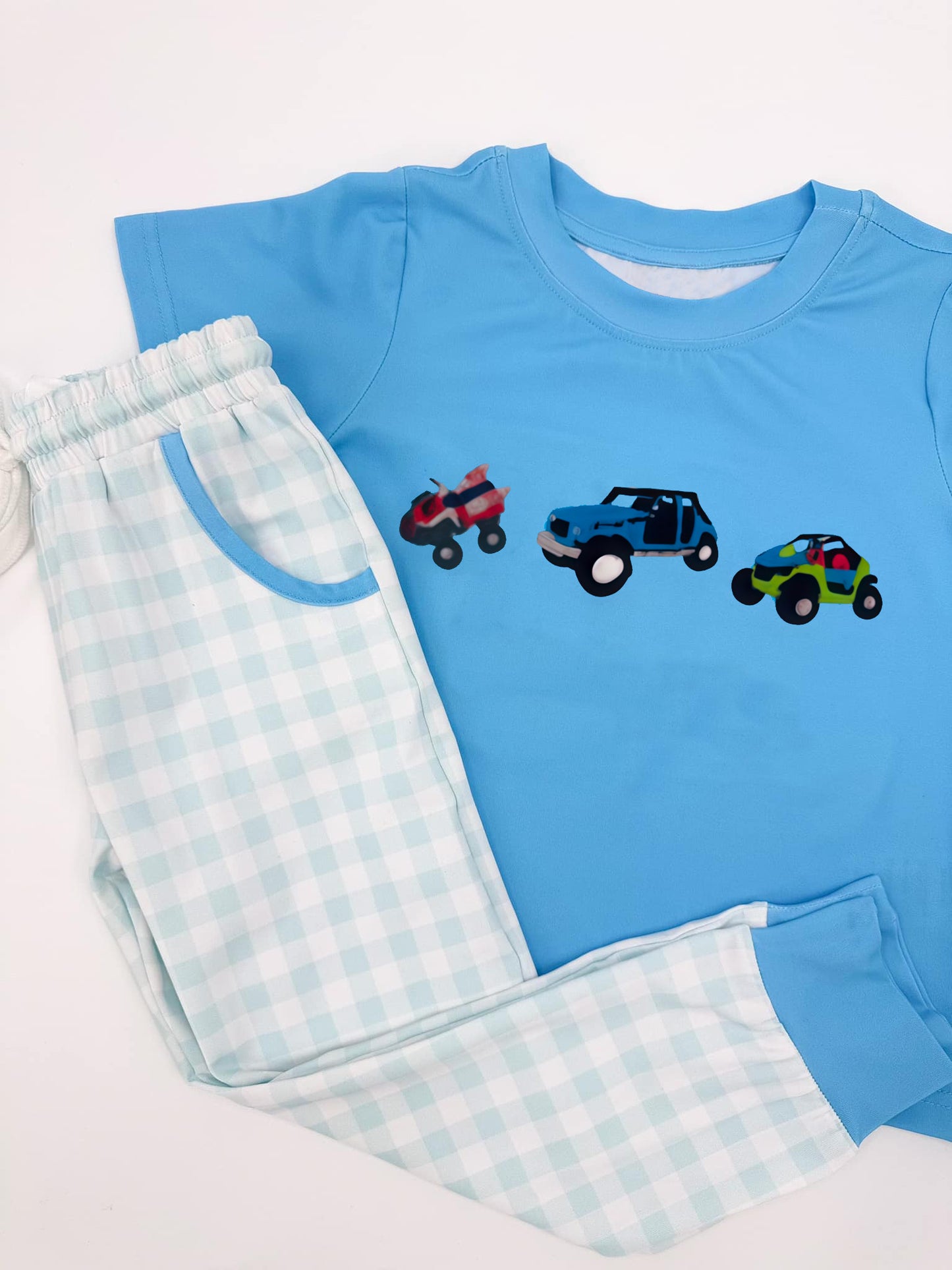 Baby Boys Plane Cars Top Pockets Checked Pants Clothes Sets Preorder