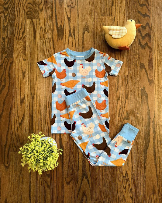Baby Boys Blue Checked Chicks Eggs Top Pants Farm Pajamas Sets Preorder