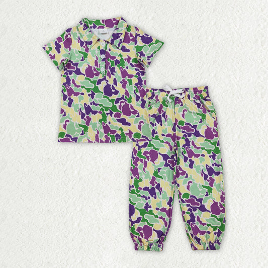 Baby Boys Mardigras Camo Button Polo Shirts Pockets Jogger Pants Clothes Sets