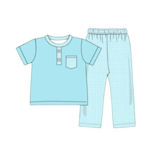 Baby Boys Blue Pocket Button Top Checked Pant Clothes Sets Preorder
