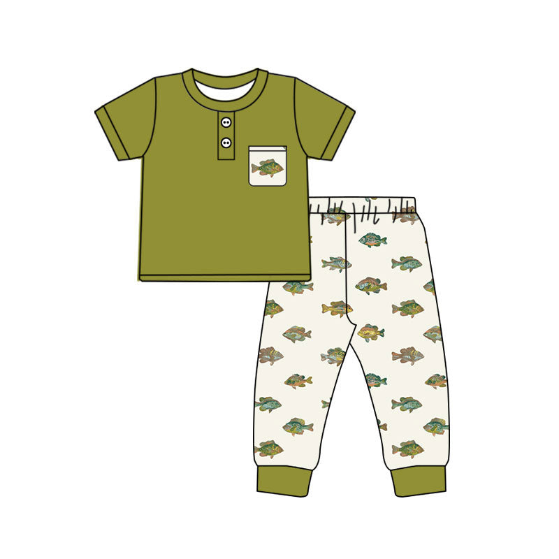 Baby Boys Short Sleeve Button Pocket Top Fishes Pant Pajamas Hunting Clothes Sets Preorder