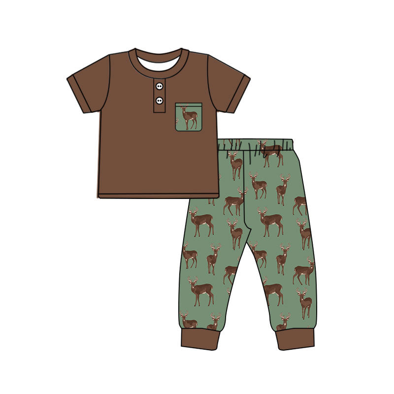 Baby Boys Short Sleeve Button Pocket Top Deer Pant Hunting Pajamas Clothes Sets Preorder