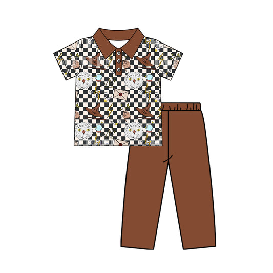 Baby Boys Black Checked Birds Button Polo Pant Halloween Clothes Sets Preorder