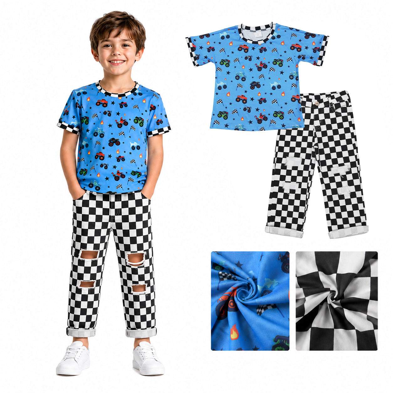 Baby Boys Blue Motors Cars Flags Top Black Checked Denim Pants 4th of July Clothes Sets
