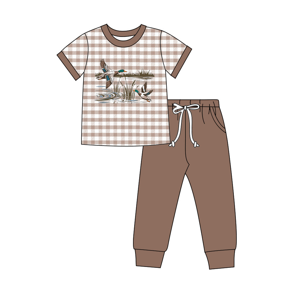 Baby Boys Brown Checked Ducks Top Pockets Jogger Hunting Clothes Sets Preorder