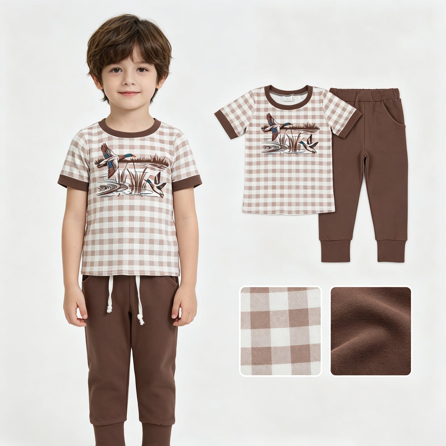 Baby Boys Brown Checked Ducks Top Pockets Jogger Hunting Clothes Sets