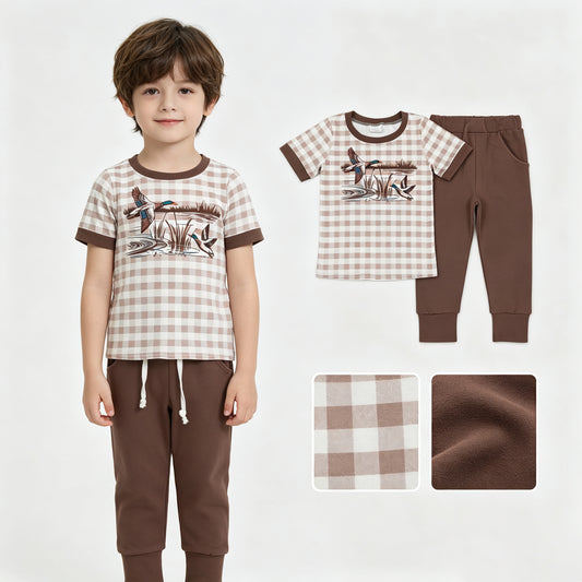 Baby Boys Brown Checked Ducks Top Pockets Jogger Hunting Clothes Sets